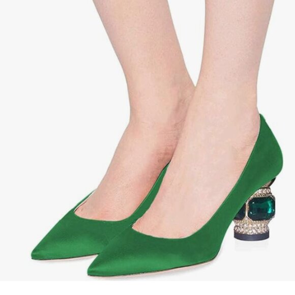 FSJ Green Bridal Pointed Toe Chunky Low Heel Crystal Pumps Slip on Wedding Shoes - Picture 1 of 8